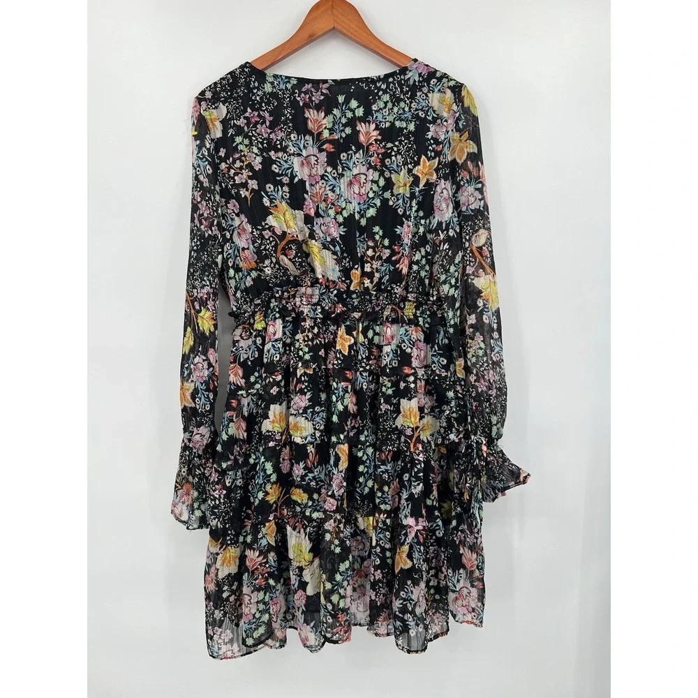 Free People Closer To The Heart Dress XL Black Floral Tiered Ruffle Boho Mini